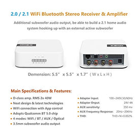 ステレオ レシーバー、WiFi Bluetooth ワイヤレス ストリーミング、2.1 ホーム オーディオ システム用のサブウーファー出力、ブックシェルフ パッシブ スピーカー システム用の光 AUX 入力、時計アラームとスリープ タイマーを備えたアプリ コントロール