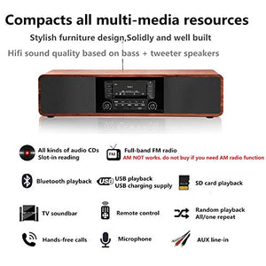 Bluetoothステレオシステム付き家庭用CDプレーヤー木製デスクトップスピーカーFMラジオUSB SD AUXリモートコントロール、長さ28インチ、重量20ポンド