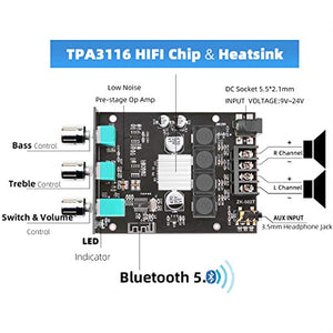 Bluetooth Amplifier Board with Treble and Bass Control, TPA3116D2 50W x 2, DC:9-24V, Bluetooth 5.0 AMP Board for Home Passive Speakers