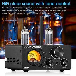 Douk Audio ST-01 200W Bluetooth Amplifier, 2 Channel Vacuum Tube Power Amp with USB DAC/Coaxial Optical Inputs/VU Meter/Treble Bass Control for Home Theater/Stereo Speakers [Upgrade]