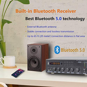 Bluetooth (V5.0) Stereo Digital Amplifier Receiver RMS 2X 40W for Home Audio Passive Speakers System, Compact with USB/Optical/SPDIF/AUX/MP3/Mic, Remote Control Sleep Timer